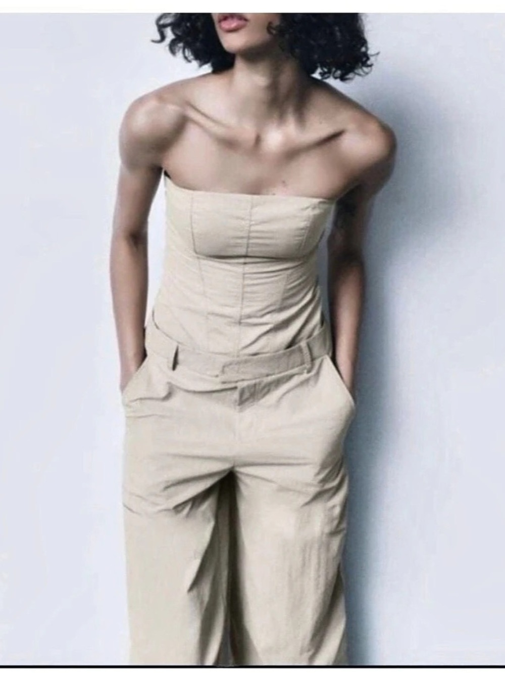 ZARA Strapless Cargo Jumpsuit in Beige Size Small
